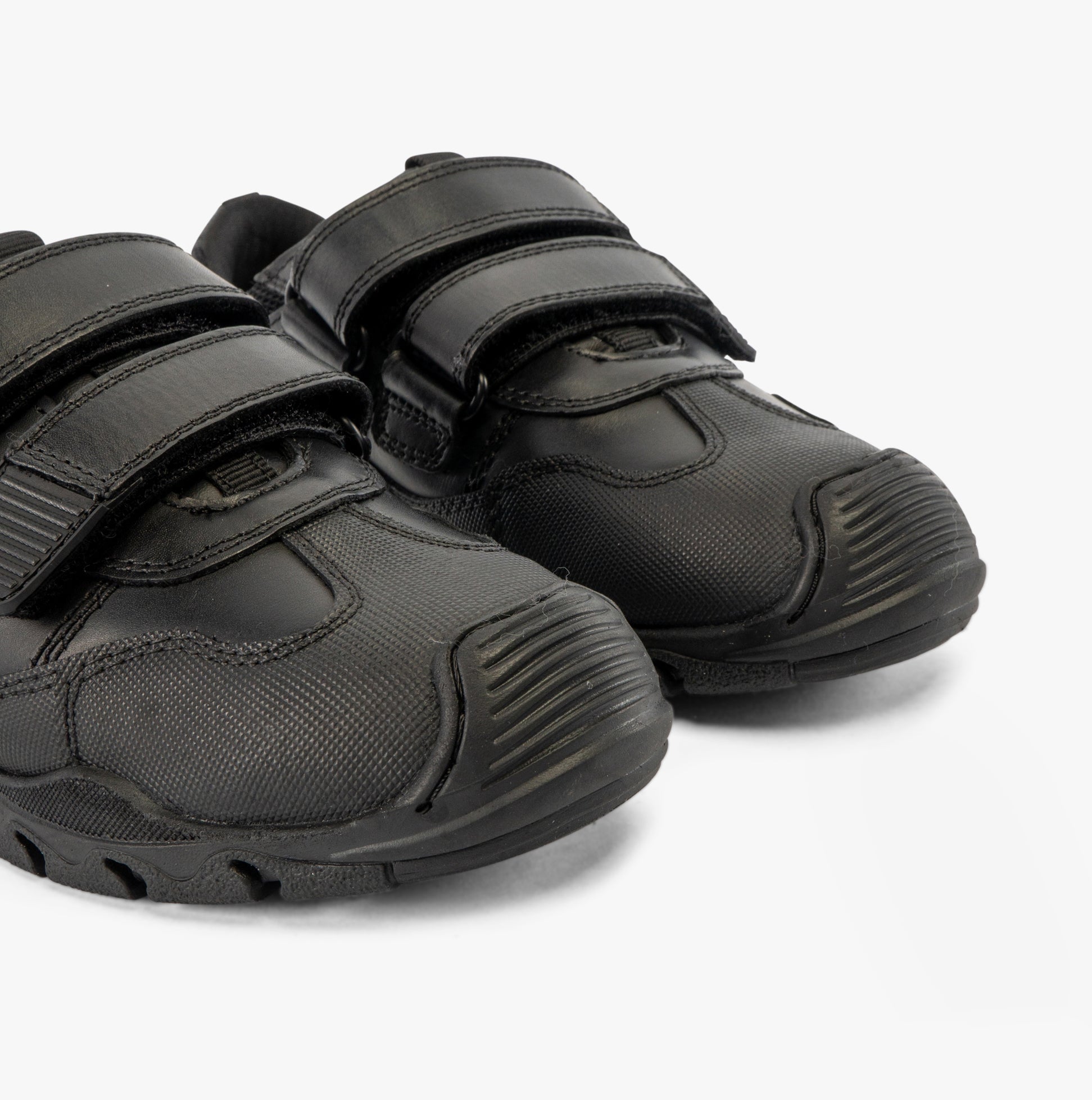 Hush Puppies TROY Boys School Shoes Black, detail view showcasing black leather upper and touch fasten closure.