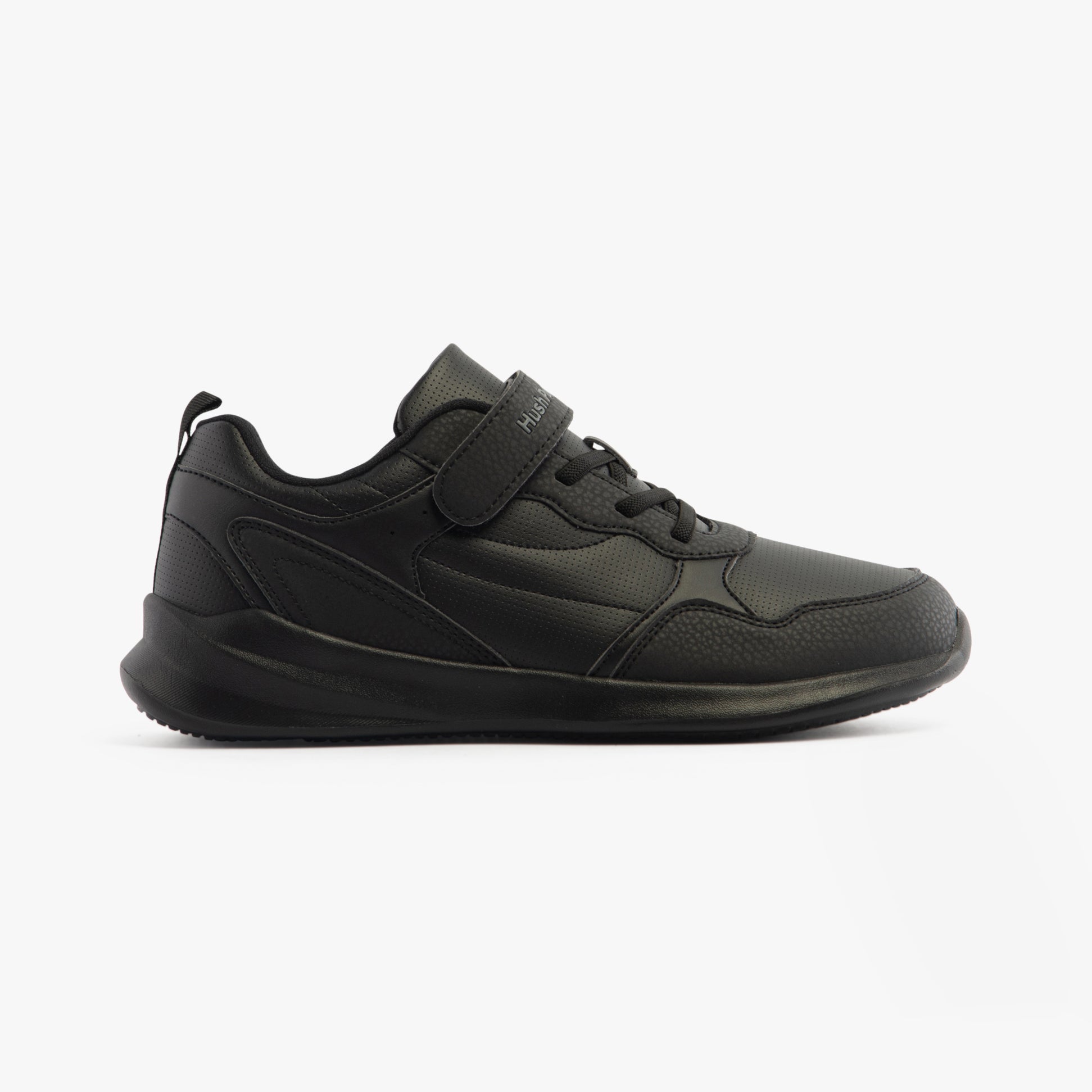 Hush Puppies MARLING BUNGEE LACE Unisex Trainers Black side view with velcro strap and lace-up design.