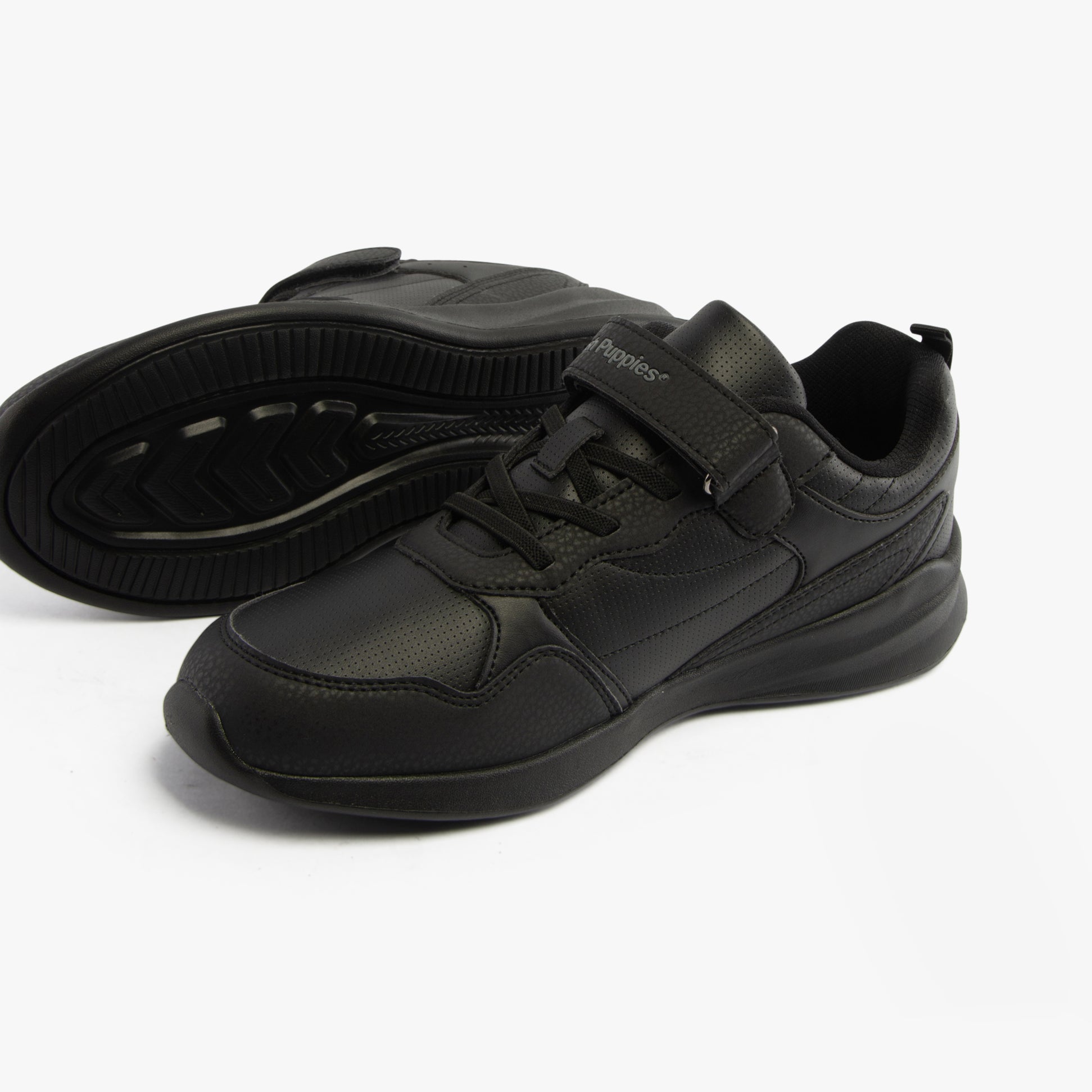 Hush Puppies MARLING BUNGEE LACE Unisex Trainers Black side view showcasing comfort features and lace-up design.
