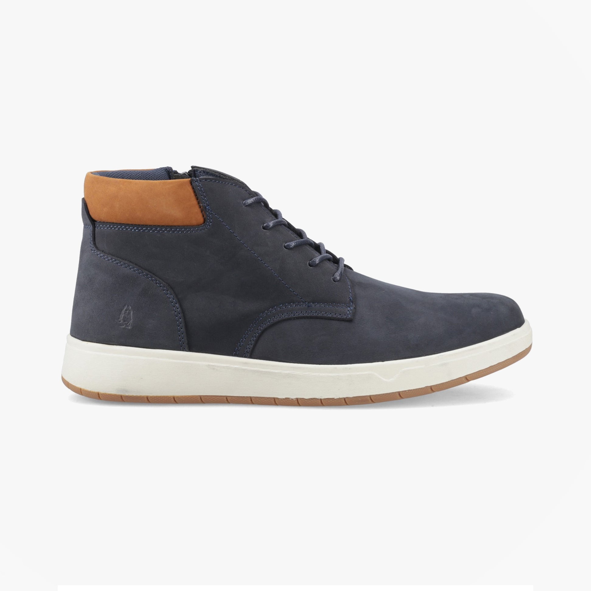 Hush Puppies BRONKO Mens Chukka Boots Navy side view showcasing nubuck upper and lace-up closure.