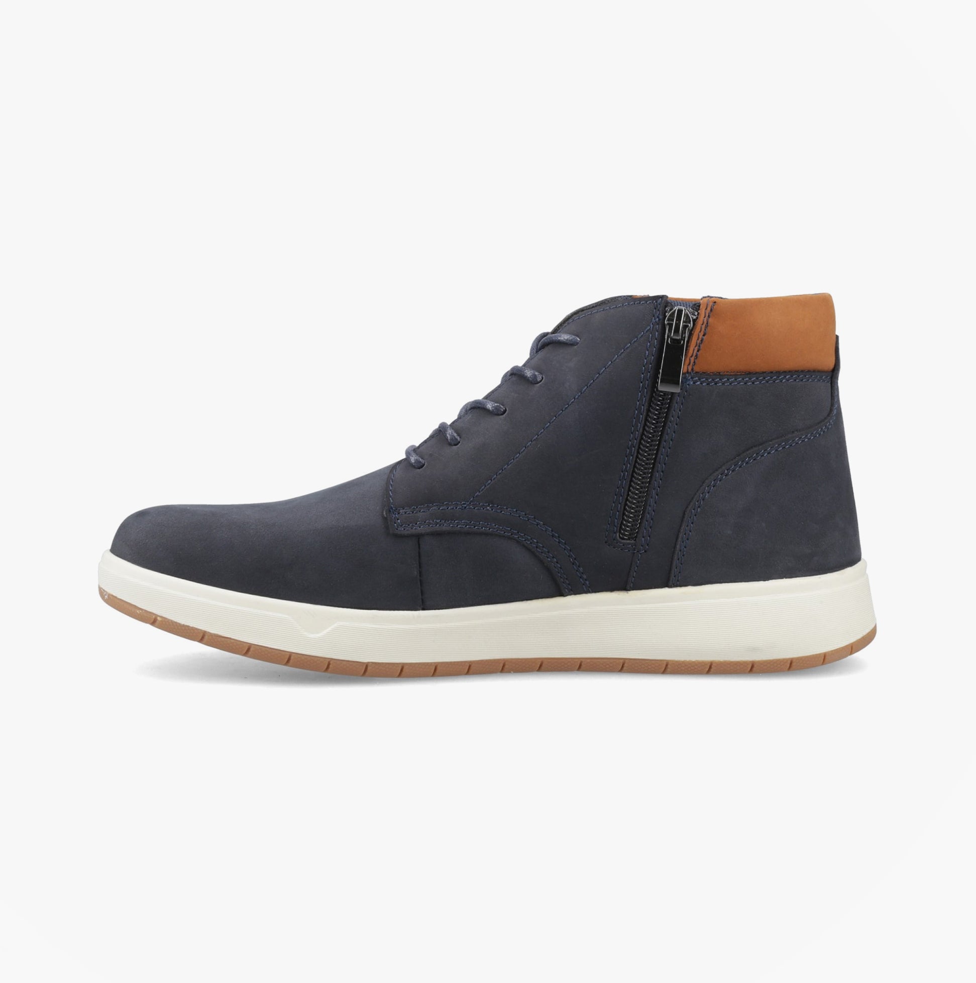 Hush Puppies BRONKO Mens Chukka Boots Navy side view showcasing nubuck material and lace-up design.