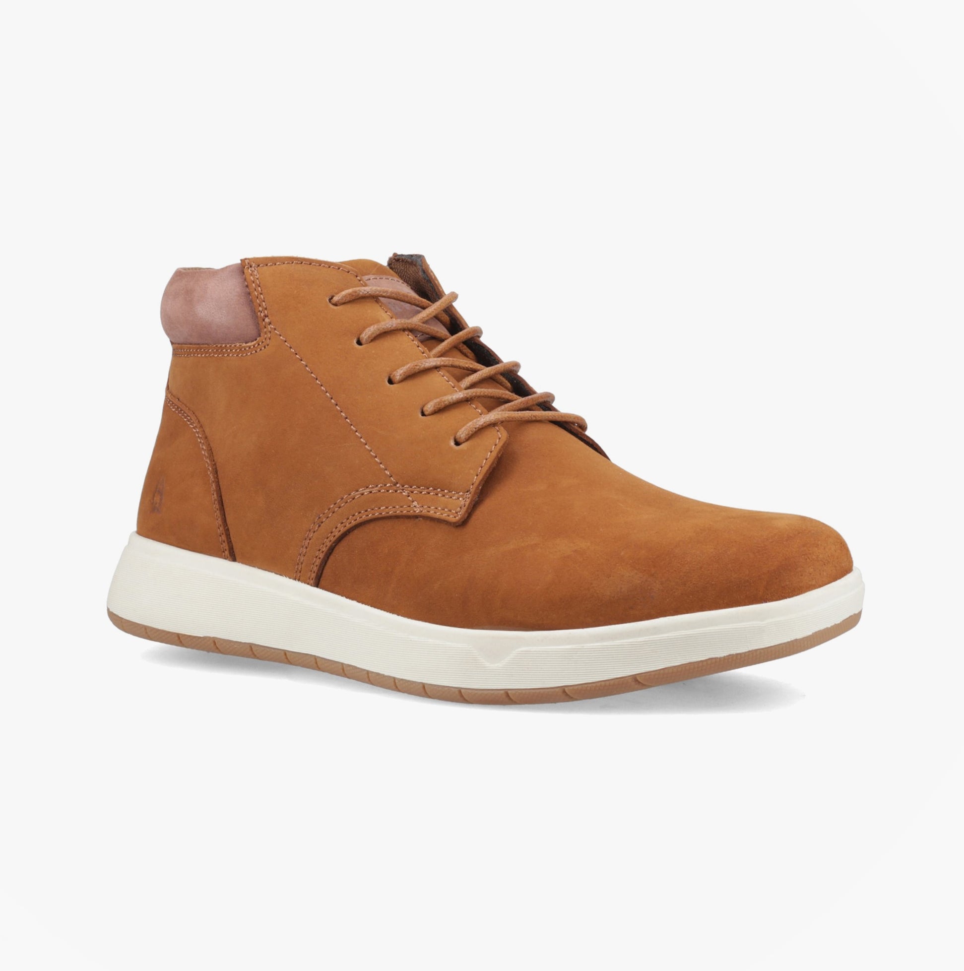 Hush Puppies BRONKO Mens Chukka Boots Tan side view showcasing nubuck upper and lace-up closure.