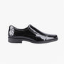 Hush Puppies BRODY Mens Formal Shoes Black side view showcasing patent leather upper and slip-on design.