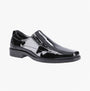 Hush Puppies BRODY Mens Formal Shoes Black side view showcasing patent leather upper and slip-on design.