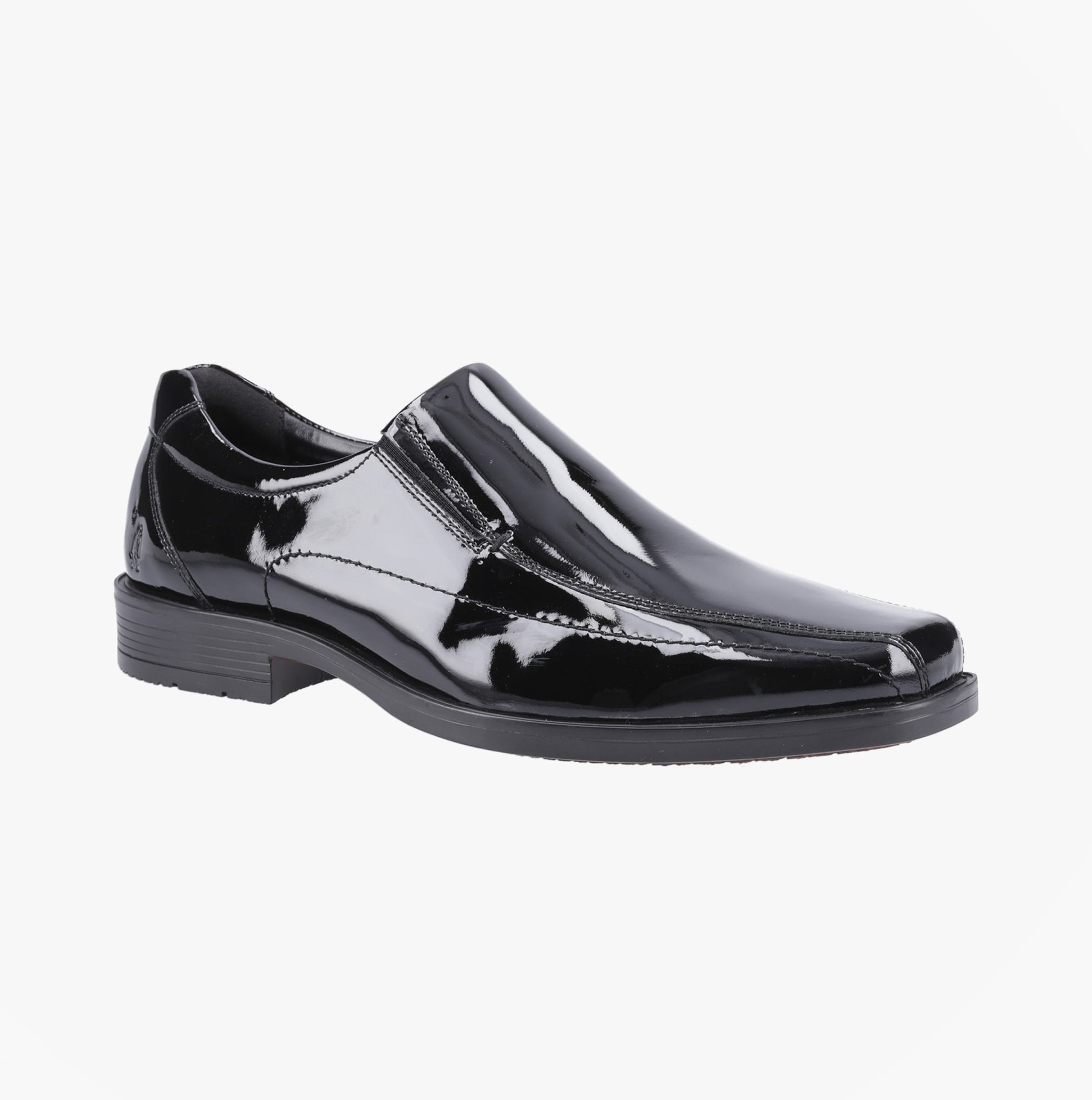 Hush Puppies BRODY Mens Formal Shoes Black side view showcasing patent leather upper and slip-on design.