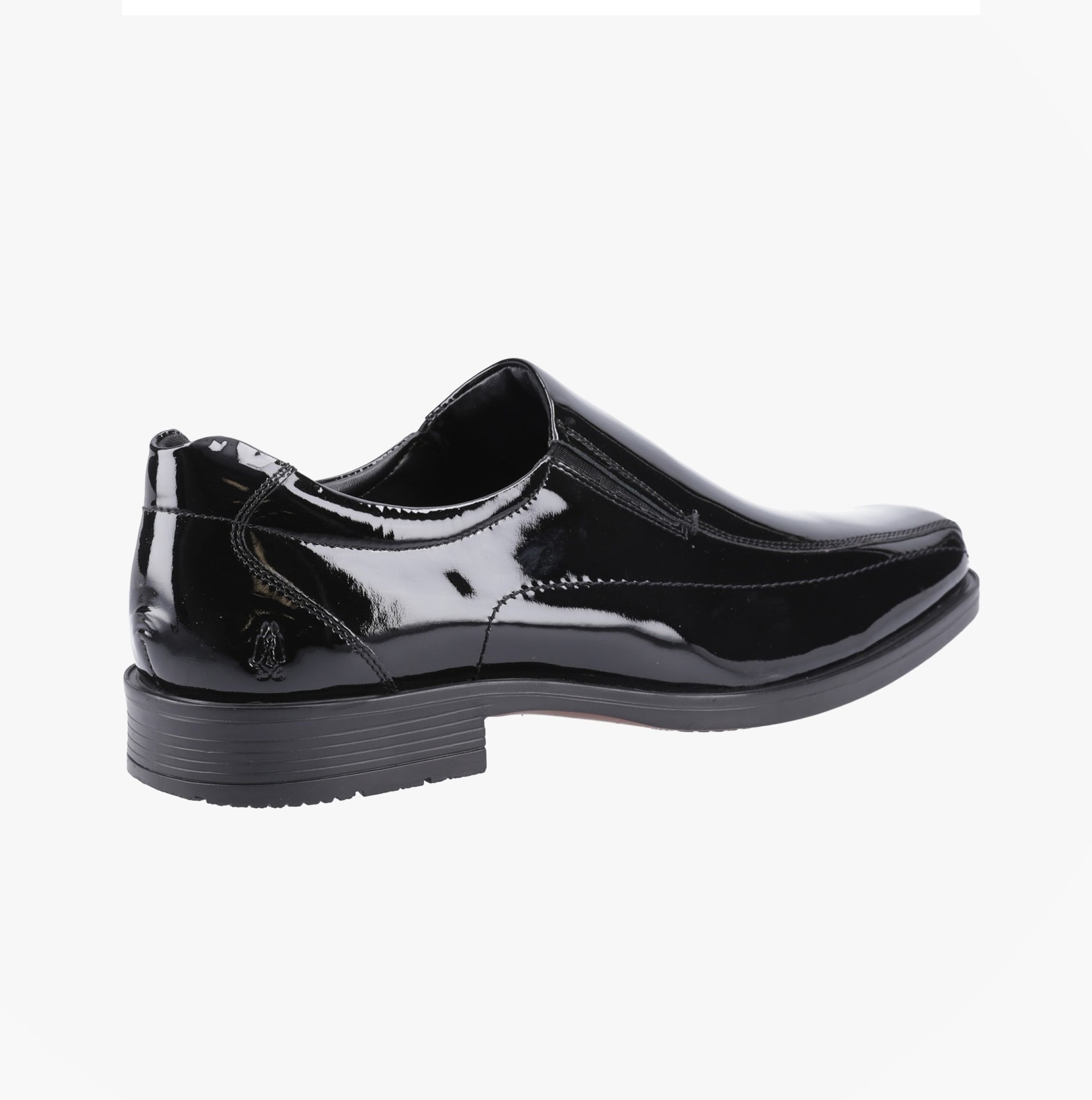 Hush Puppies BRODY Mens Formal Shoes Black side view, patent leather, slip-on design, lightweight and breathable.