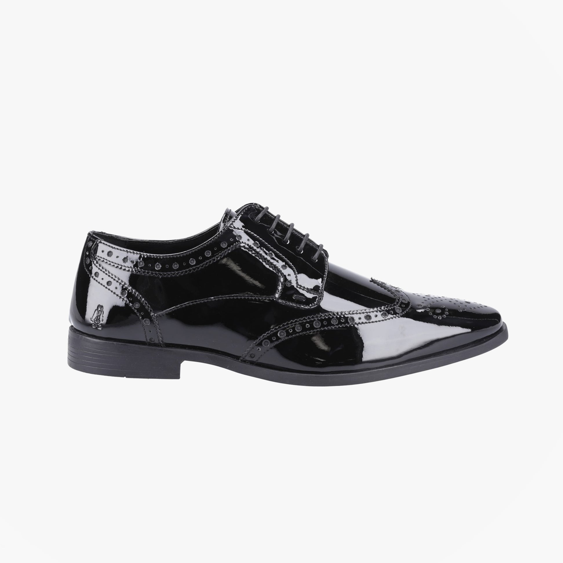 Hush Puppies ELLIOT Mens Derby Shoes Black side view showcasing patent leather upper and wingtip design.