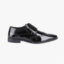 Hush Puppies ELLIOT Mens Derby Shoes Black side view showcasing patent leather upper and wingtip design.