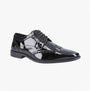 Hush Puppies ELLIOT Mens Derby Shoes Black side view showcasing shiny patent leather upper and wingtip design.
