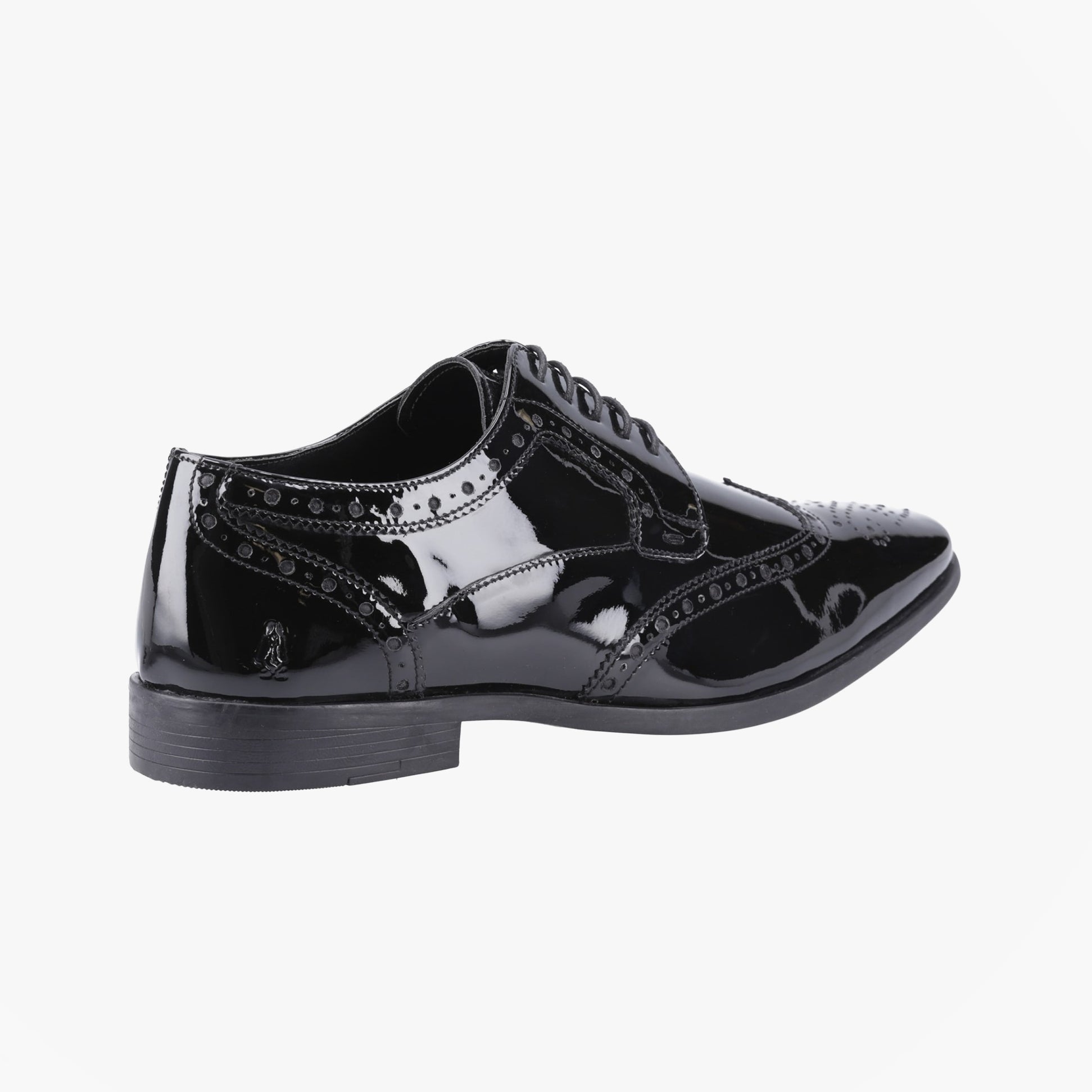 Hush Puppies ELLIOT Mens Derby Shoes Black side view showcasing patent leather and wingtip design.