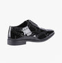Hush Puppies ELLIOT Mens Derby Shoes Black side view showcasing patent leather and wingtip design.