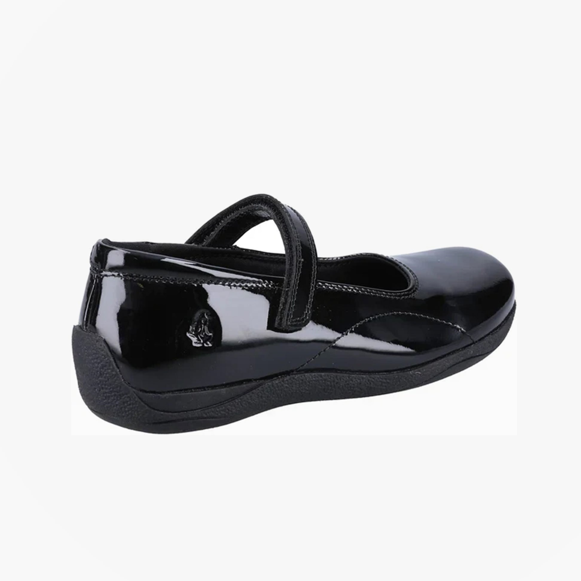 Hush Puppies ARIA Girls School Shoes Black Patent side view showing reflective patent leather and touch fasten strap.