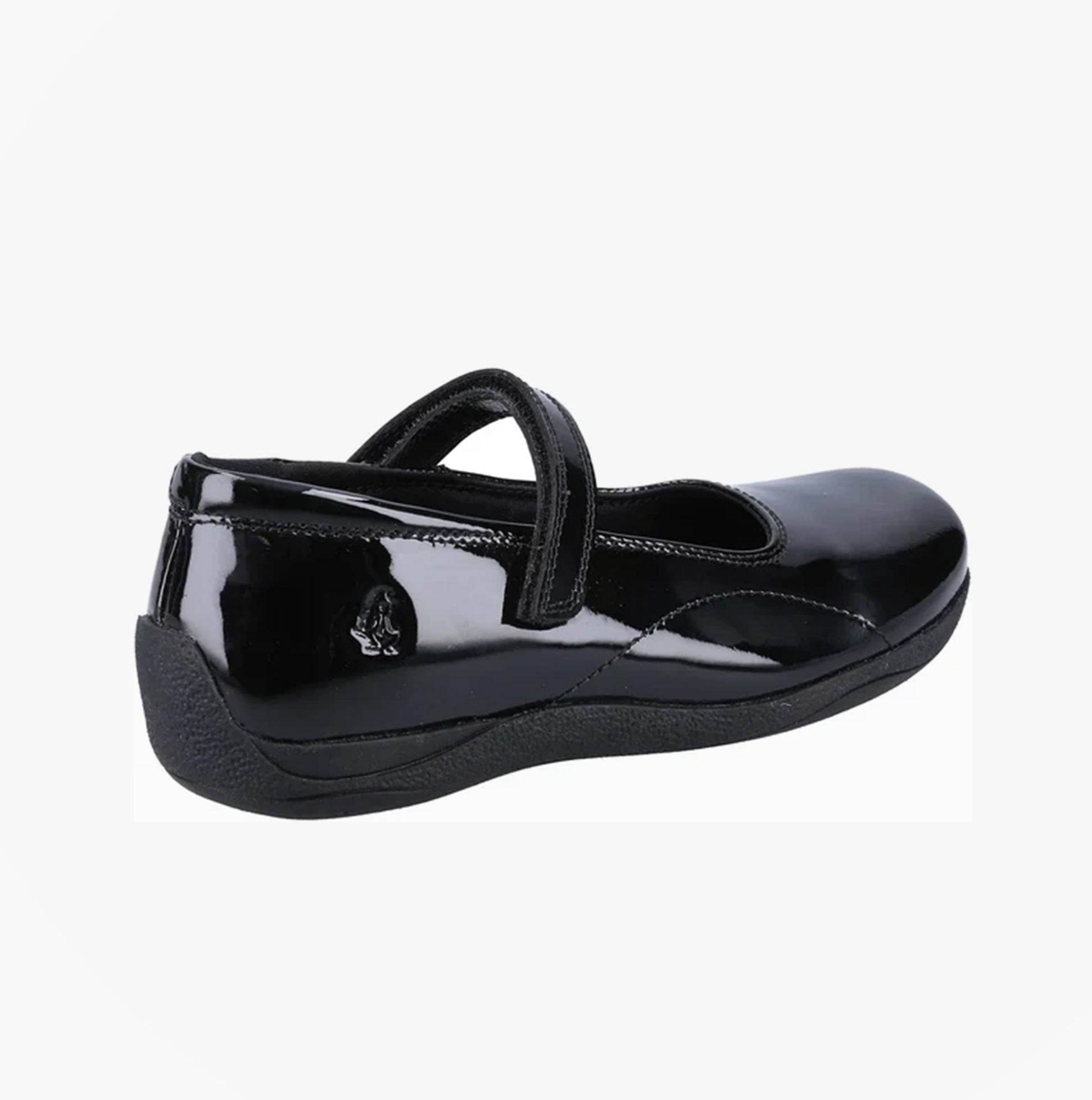 Hush Puppies ARIA Girls School Shoes Black Patent side view showing reflective patent leather and touch fasten strap.