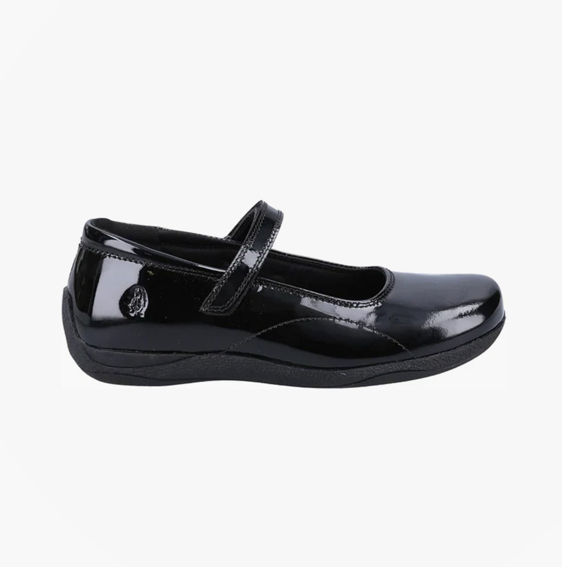 Hush Puppies ARIA Girls School Shoes Black Patent side view, featuring patent leather upper and touch fastening.