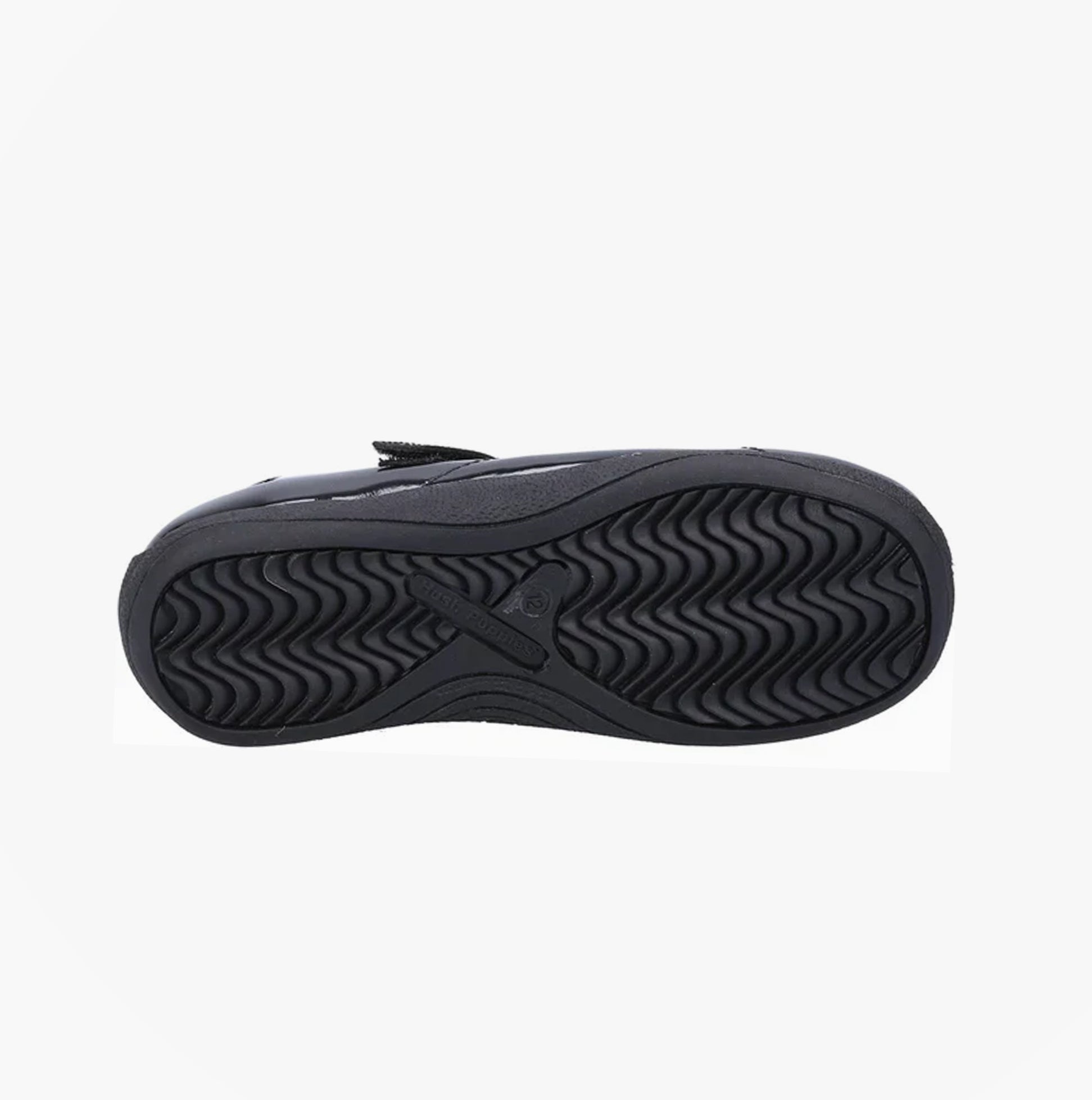 Hush Puppies ARIA Girls School Shoes Black Patent bottom view, showing the textured sole and sturdy construction.