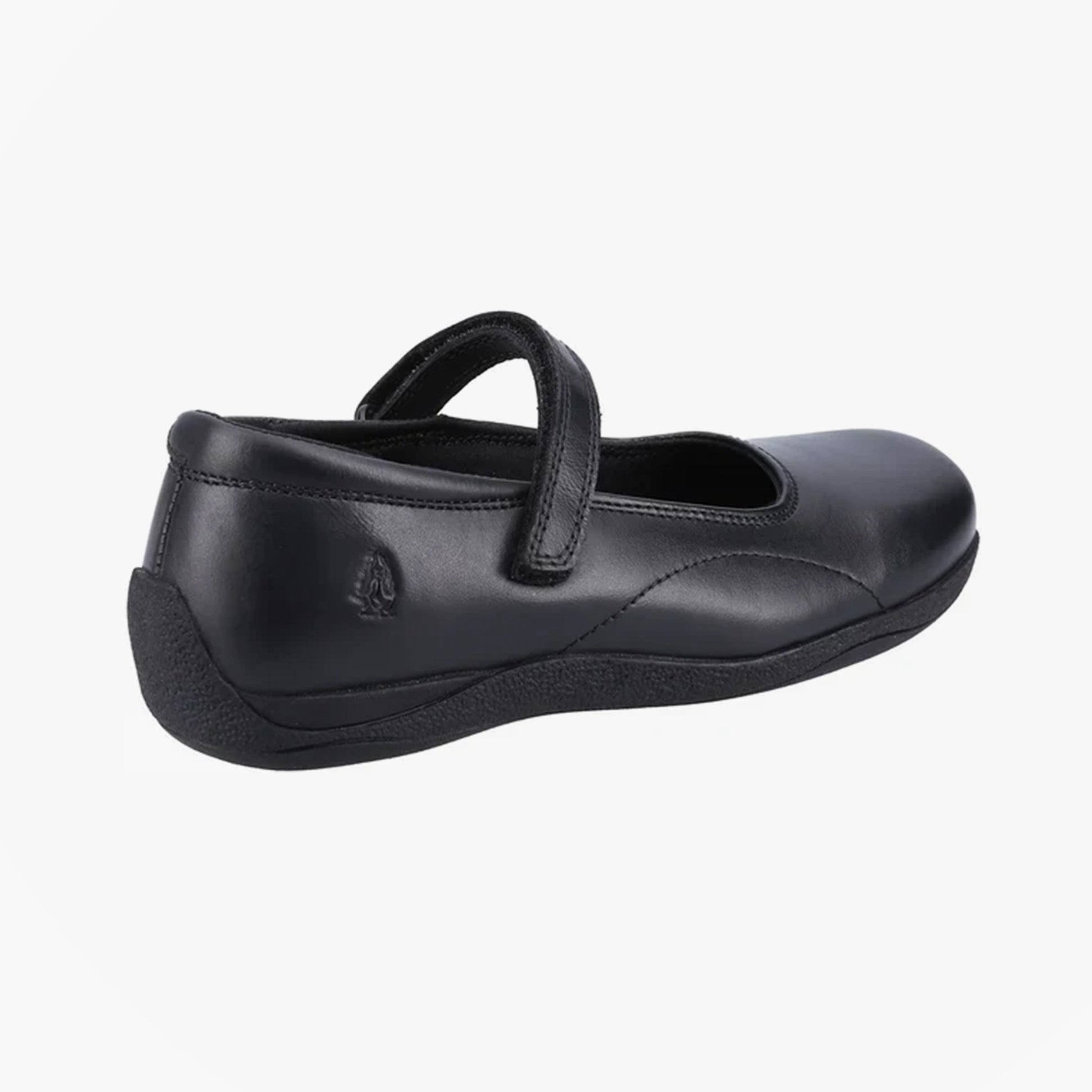 Hush Puppies ARIA Girls Leather School Shoes Black side view showing the sleek design and touch fasten closure.