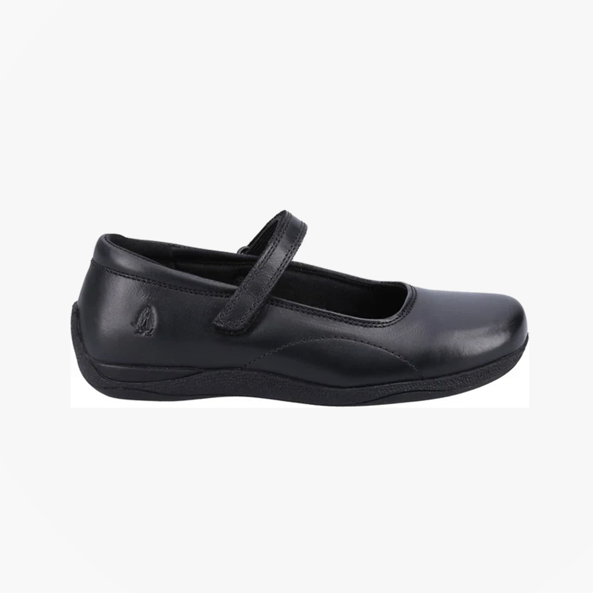 Hush Puppies ARIA Girls Leather School Shoes Black side view with strap and black leather upper.