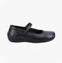 Hush Puppies ARIA Girls Leather School Shoes Black side view with strap and black leather upper.