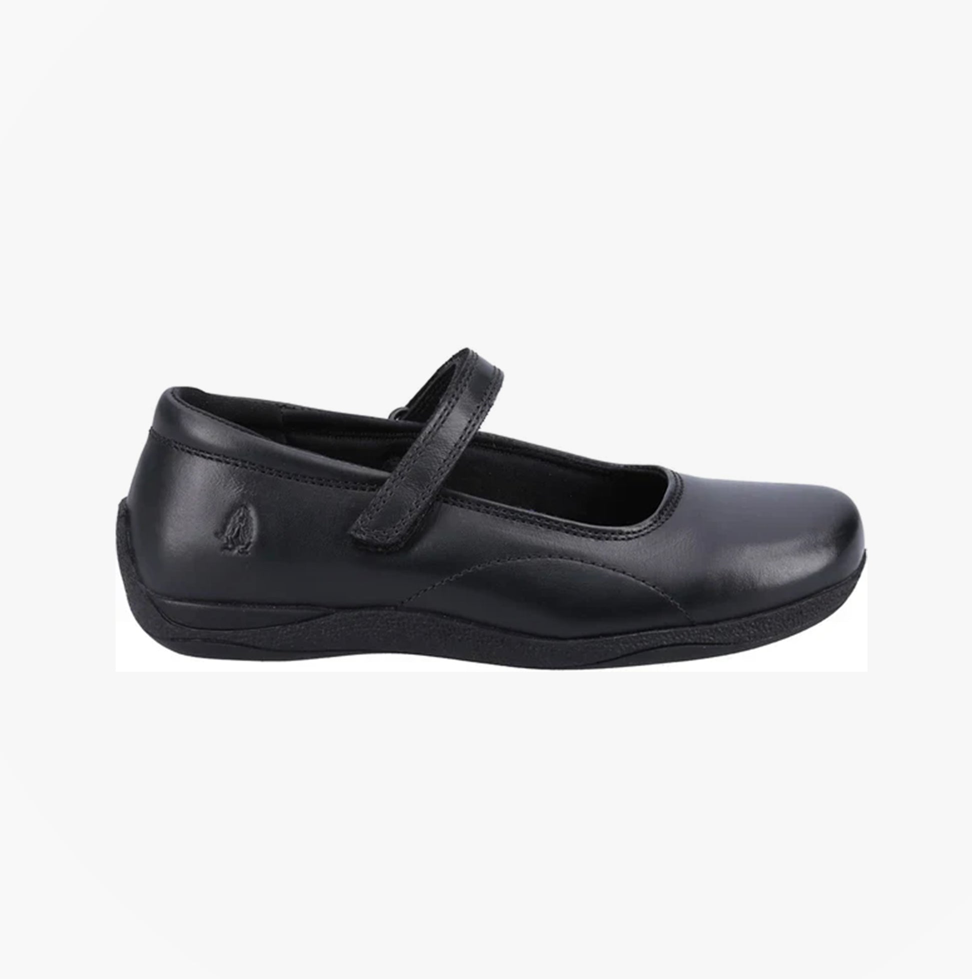 Hush Puppies ARIA Girls Leather School Shoes Black side view with strap and black leather upper.