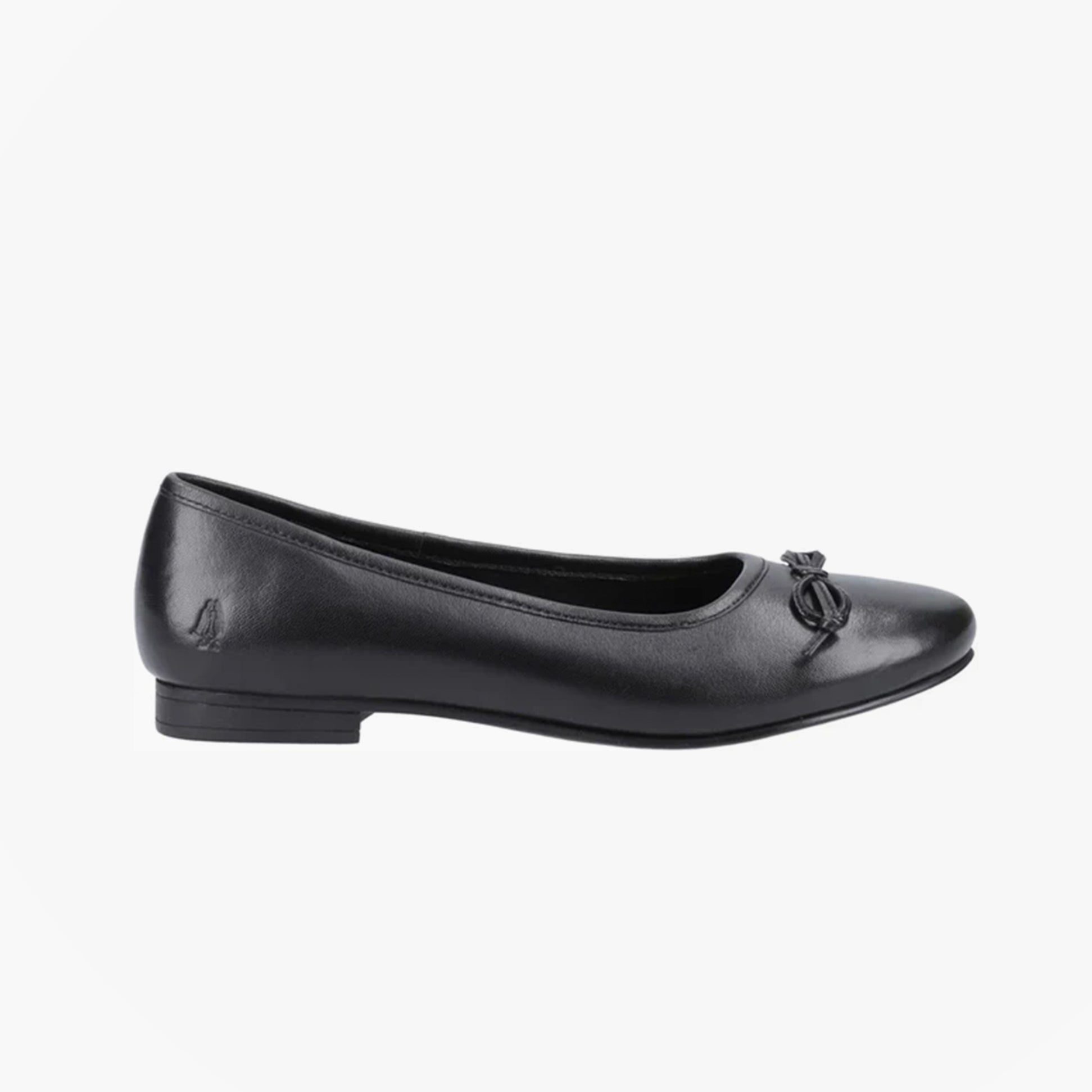 Hush Puppies EVIE Girls Leather School Shoes Black side view showcasing the sleek leather design and round toe.