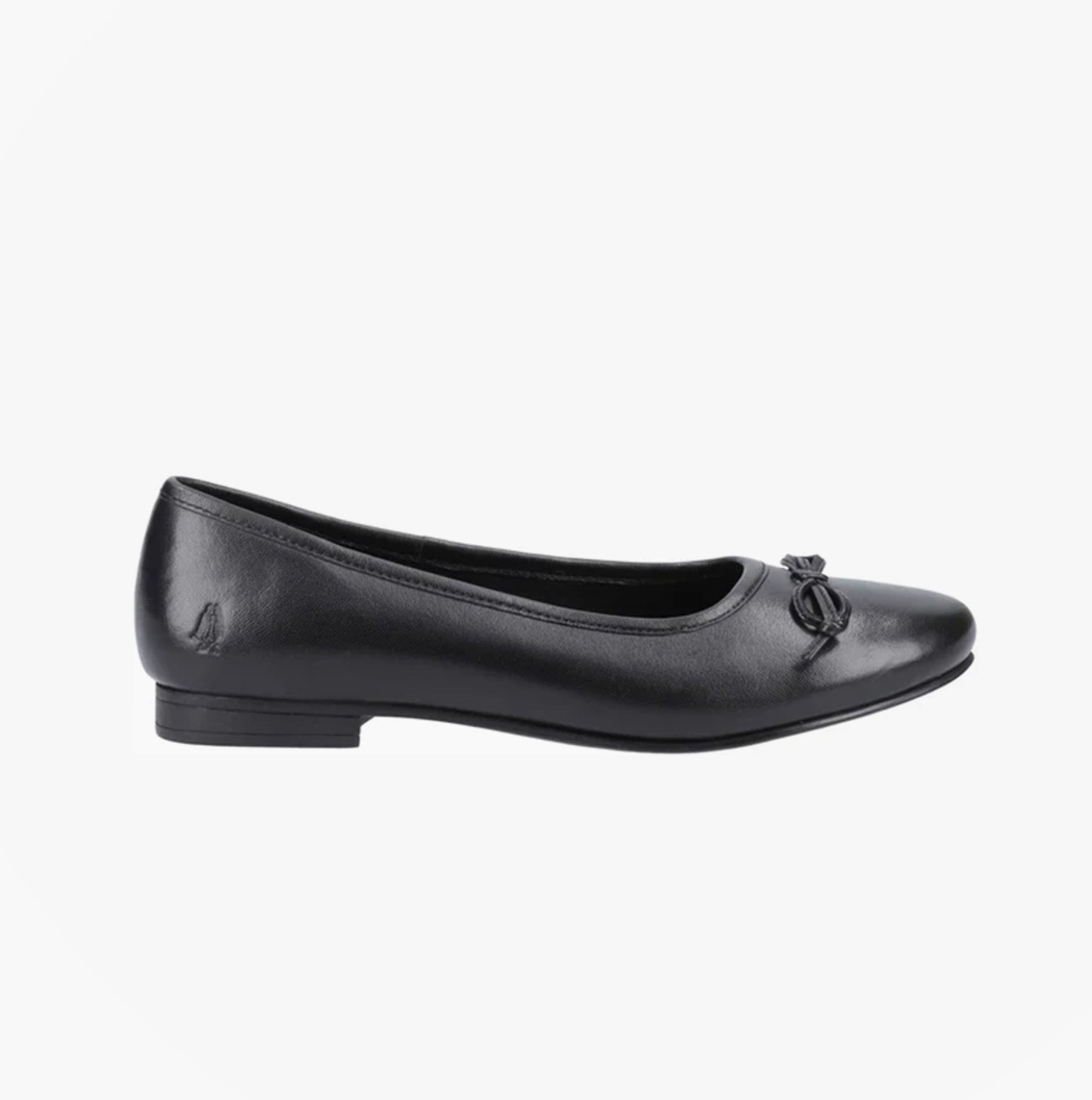 Hush Puppies EVIE Girls Leather School Shoes Black side view showcasing the sleek leather design and round toe.