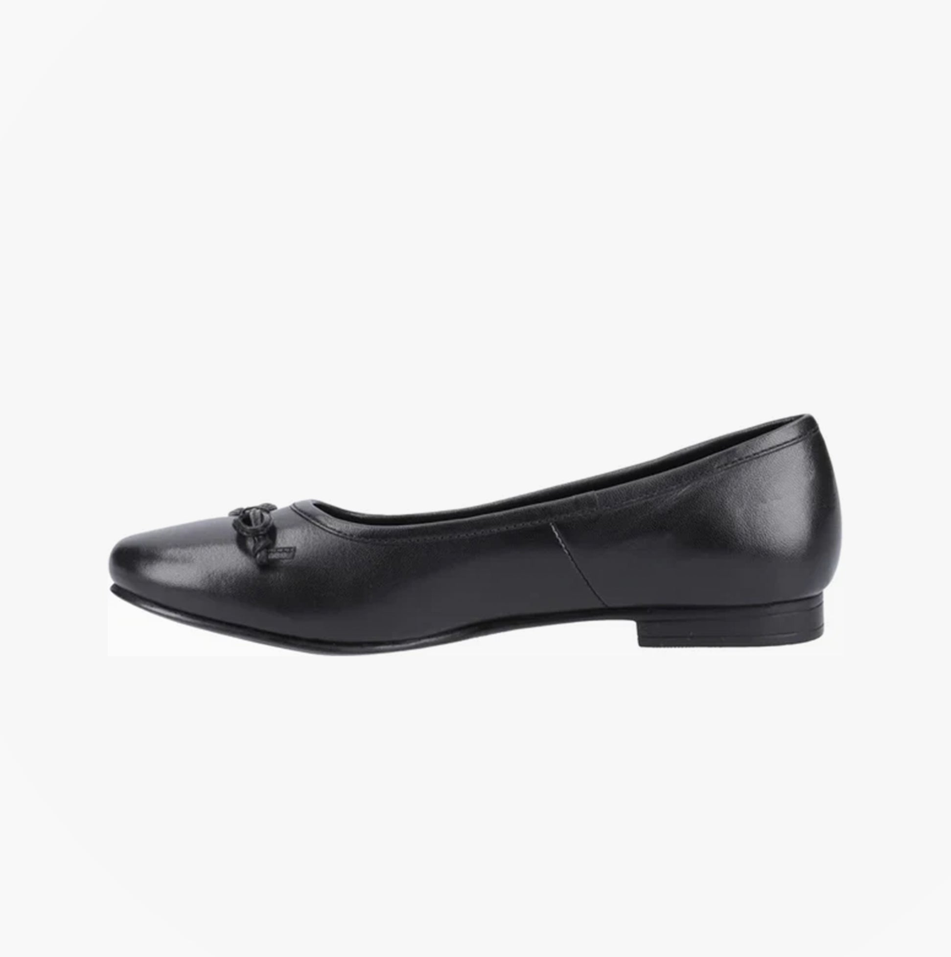 Hush Puppies EVIE Girls Leather School Shoes Black side view showing sleek leather design and flat heel.