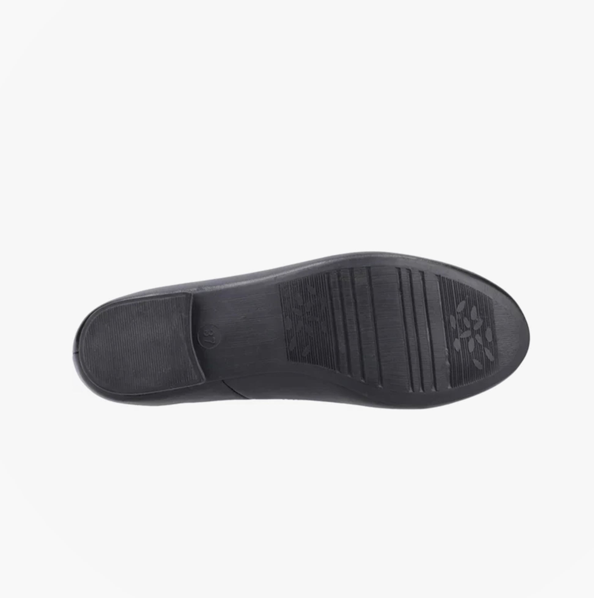 Hush Puppies EVIE Girls Leather School Shoes Black bottom view showing sole details and traction pattern.