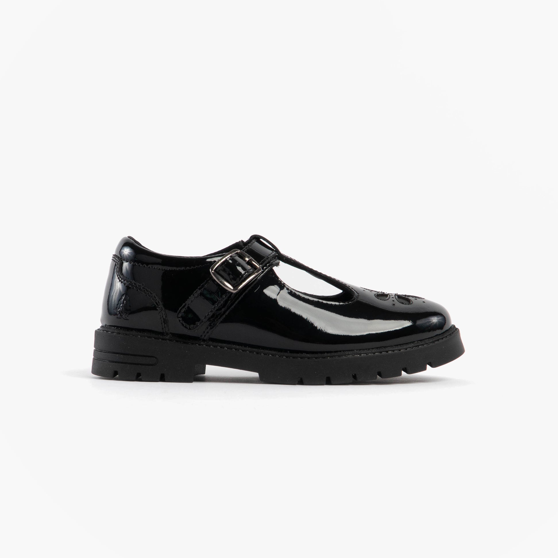 Hush Puppies FIONA Girls Leather School Shoes Patent Black side view showing glossy patent leather and buckle details.
