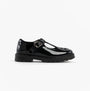 Hush Puppies FIONA Girls Leather School Shoes Patent Black side view showing glossy patent leather and buckle details.