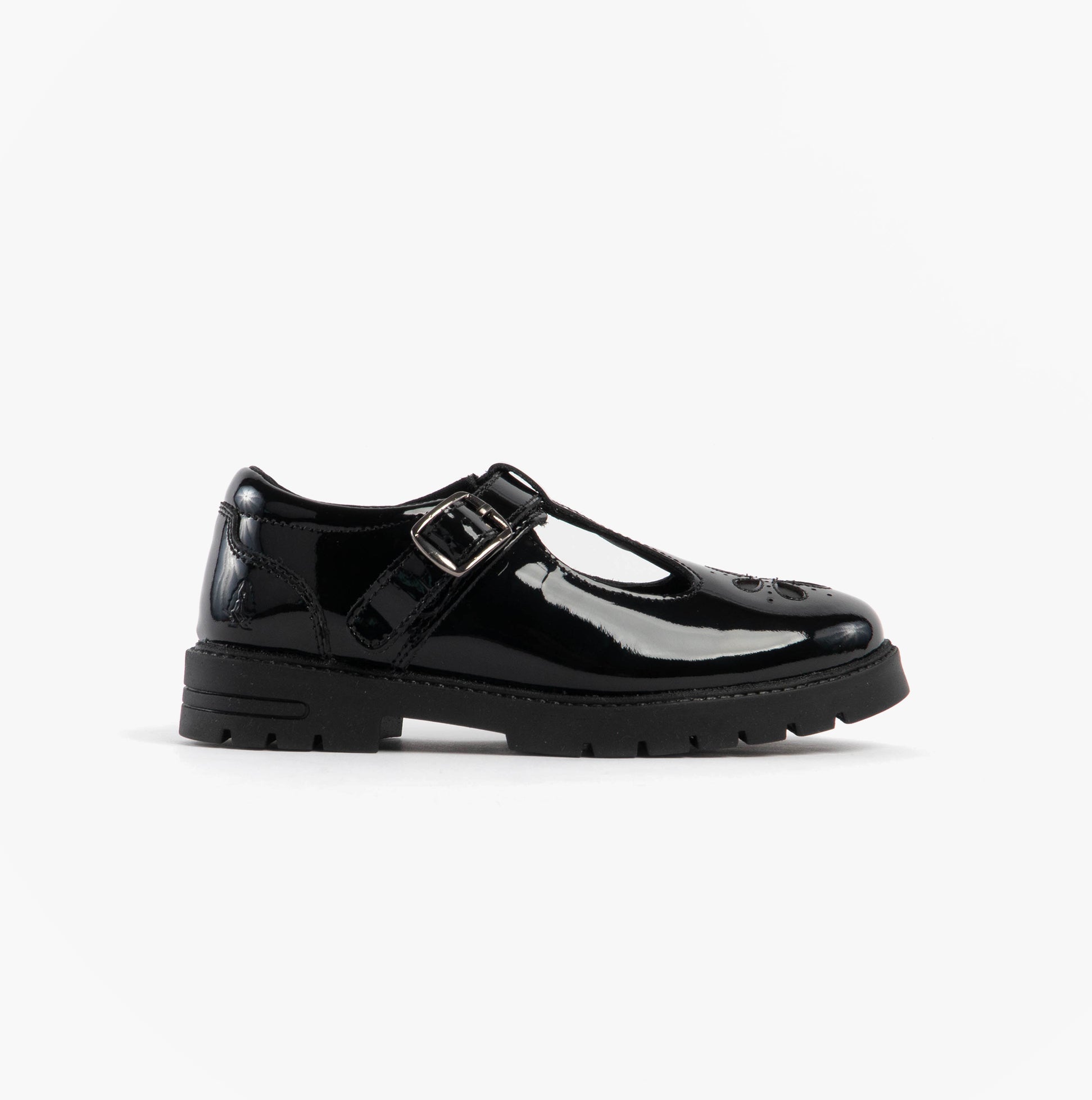 Hush Puppies FIONA Girls Leather School Shoes Patent Black side view showing glossy patent leather and buckle details.