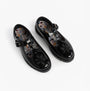 Hush Puppies FIONA Girls Leather School Shoes Patent Black top view showing floral detail and buckle closure.