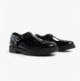 Hush Puppies FIONA Girls Leather School Shoes Patent Black side view showing the stylish buckle and round toe design.