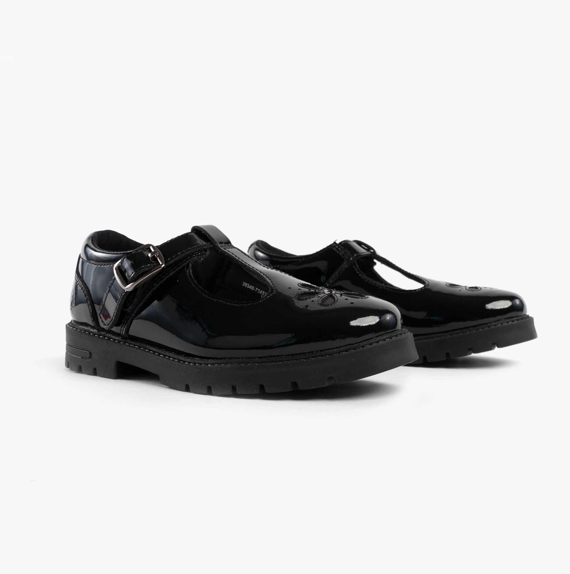 Hush Puppies FIONA Girls Leather School Shoes Patent Black side view showing the stylish buckle and round toe design.