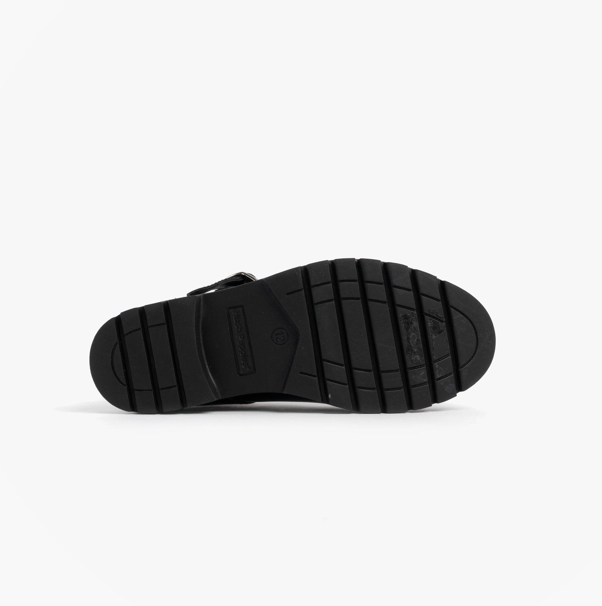Hush Puppies FIONA Girls Leather School Shoes Patent Black bottom view showing TPR sole details.