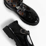 Hush Puppies FIONA Girls Leather School Shoes Patent Black top view showcasing buckle closure and floral design.