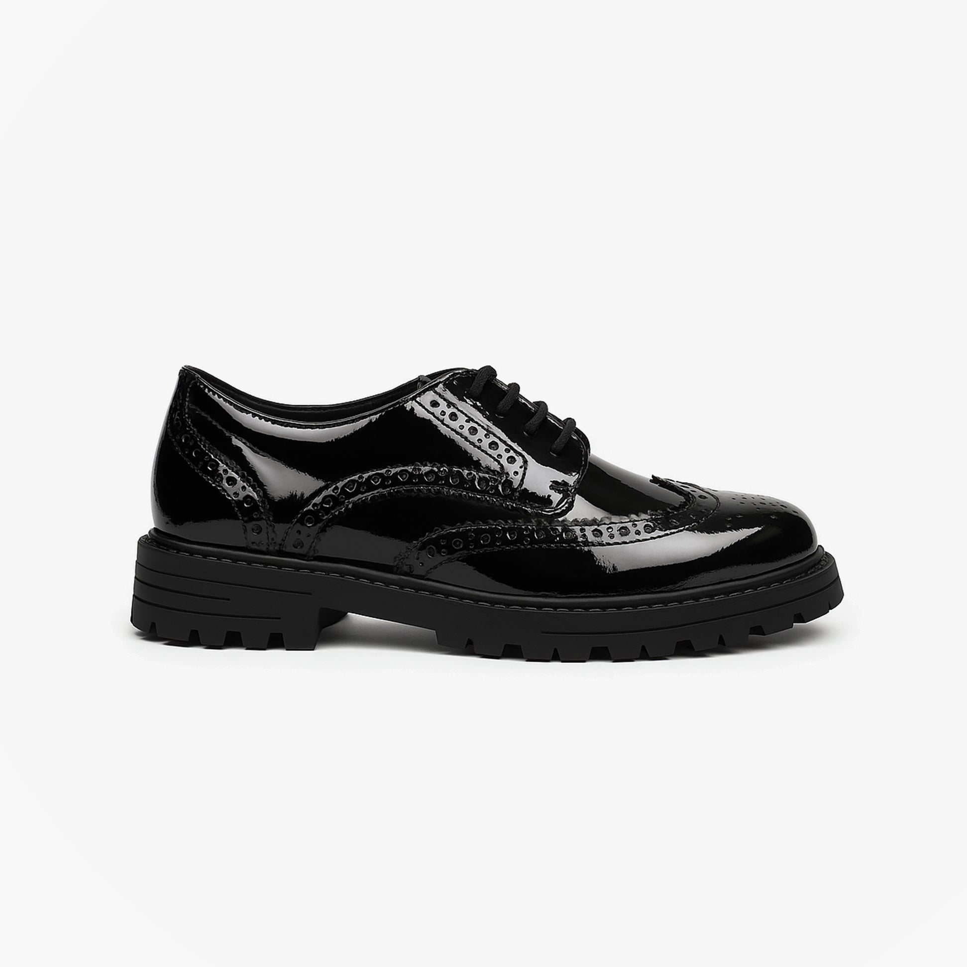 Hush Puppies MAXINE Girls School Shoes Black Patent side view featuring patent leather upper and lace-up closure.