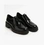 Hush Puppies MAXINE Girls School Shoes Black Patent side view with lace-up closure, featuring a patent leather upper.