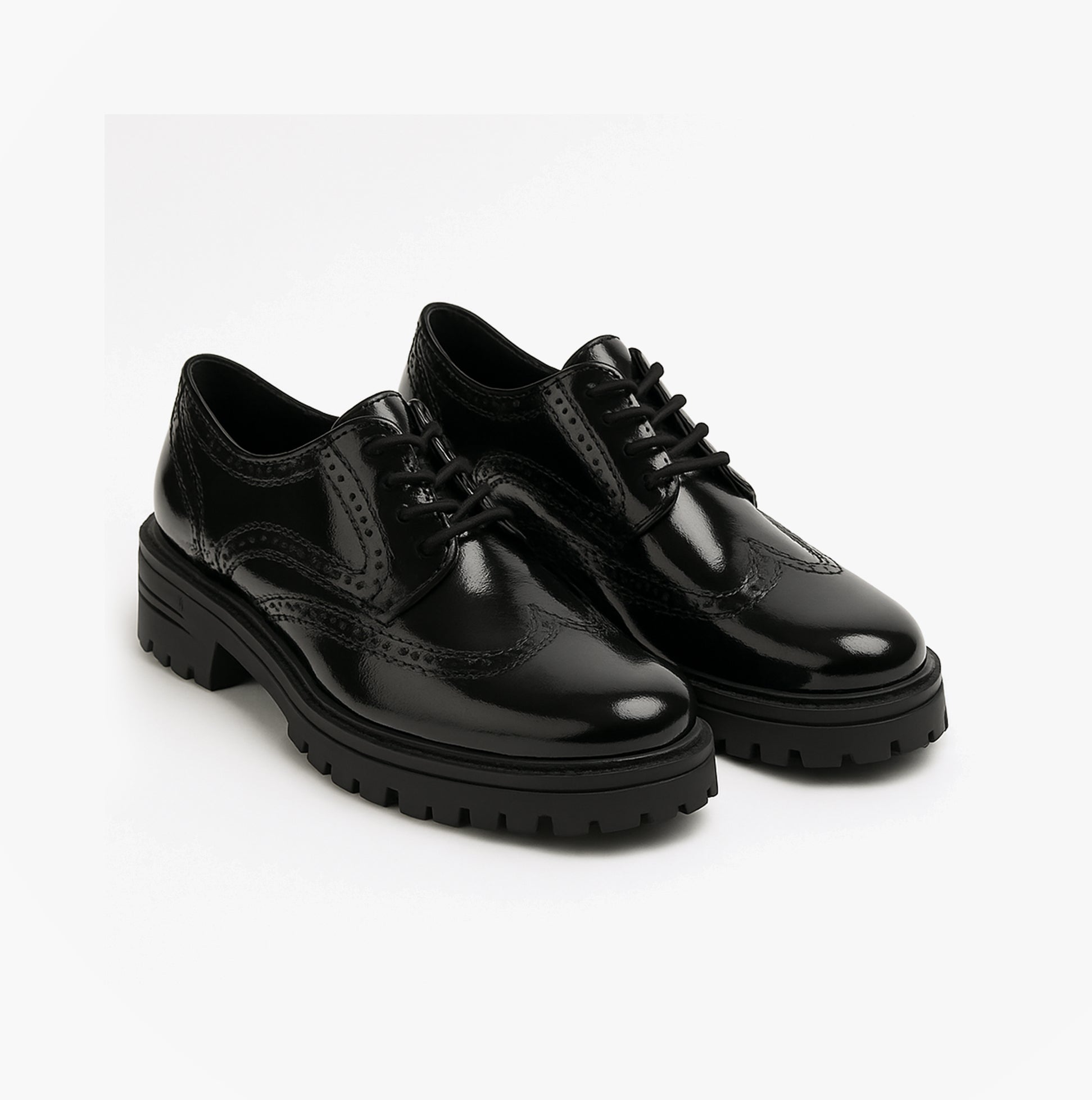Hush Puppies MAXINE Girls School Shoes Black Patent side view with lace-up closure, featuring a patent leather upper.
