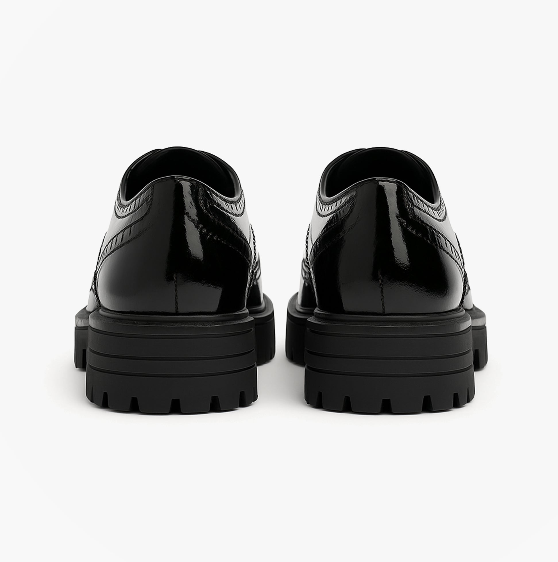 Hush Puppies MAXINE Girls School Shoes Black Patent rear view, showcasing shiny patent leather and durable sole.