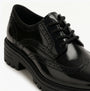 Hush Puppies MAXINE Girls School Shoes Black Patent, close-up detail view showcasing glossy patent leather and lace-up design.