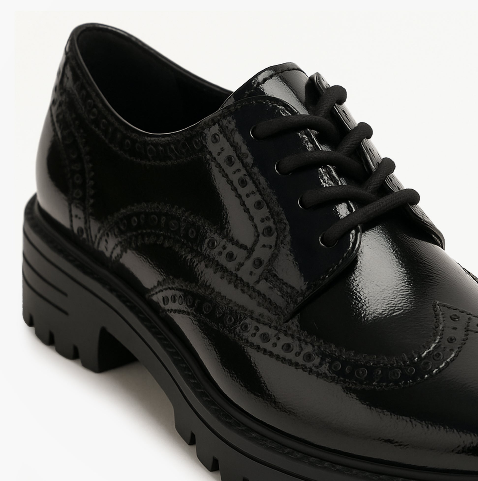Hush Puppies MAXINE Girls School Shoes Black Patent, close-up detail view showcasing glossy patent leather and lace-up design.