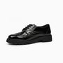 Hush Puppies MAXINE Girls School Shoes Black Patent side view showing patent leather design and lace-up closure.