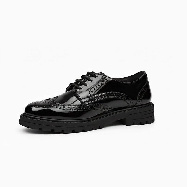 Hush Puppies MAXINE Girls School Shoes Black Patent side view showing patent leather design and lace-up closure.