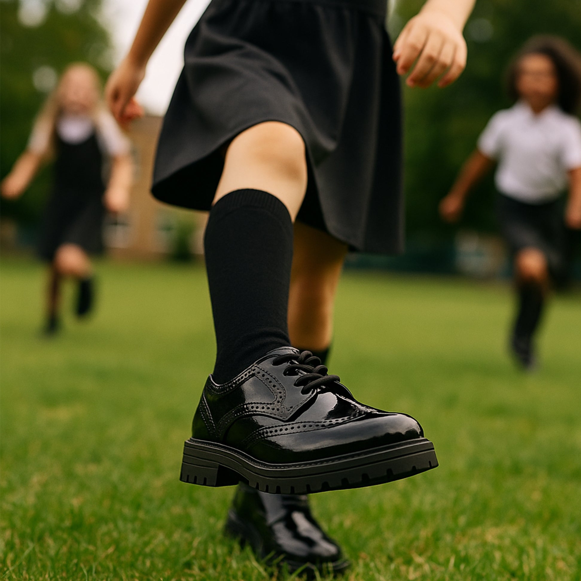 Hush Puppies MAXINE Girls School Shoes Black Patent side view on grass, showcasing the lace-up design and patent leather finish.