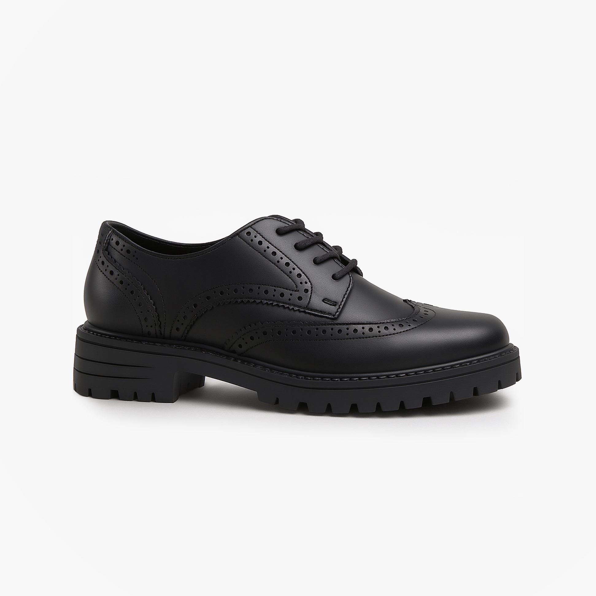 Hush Puppies MAXINE Girls Leather School Shoes Black side view showcasing stylish lace-up design and durable sole.