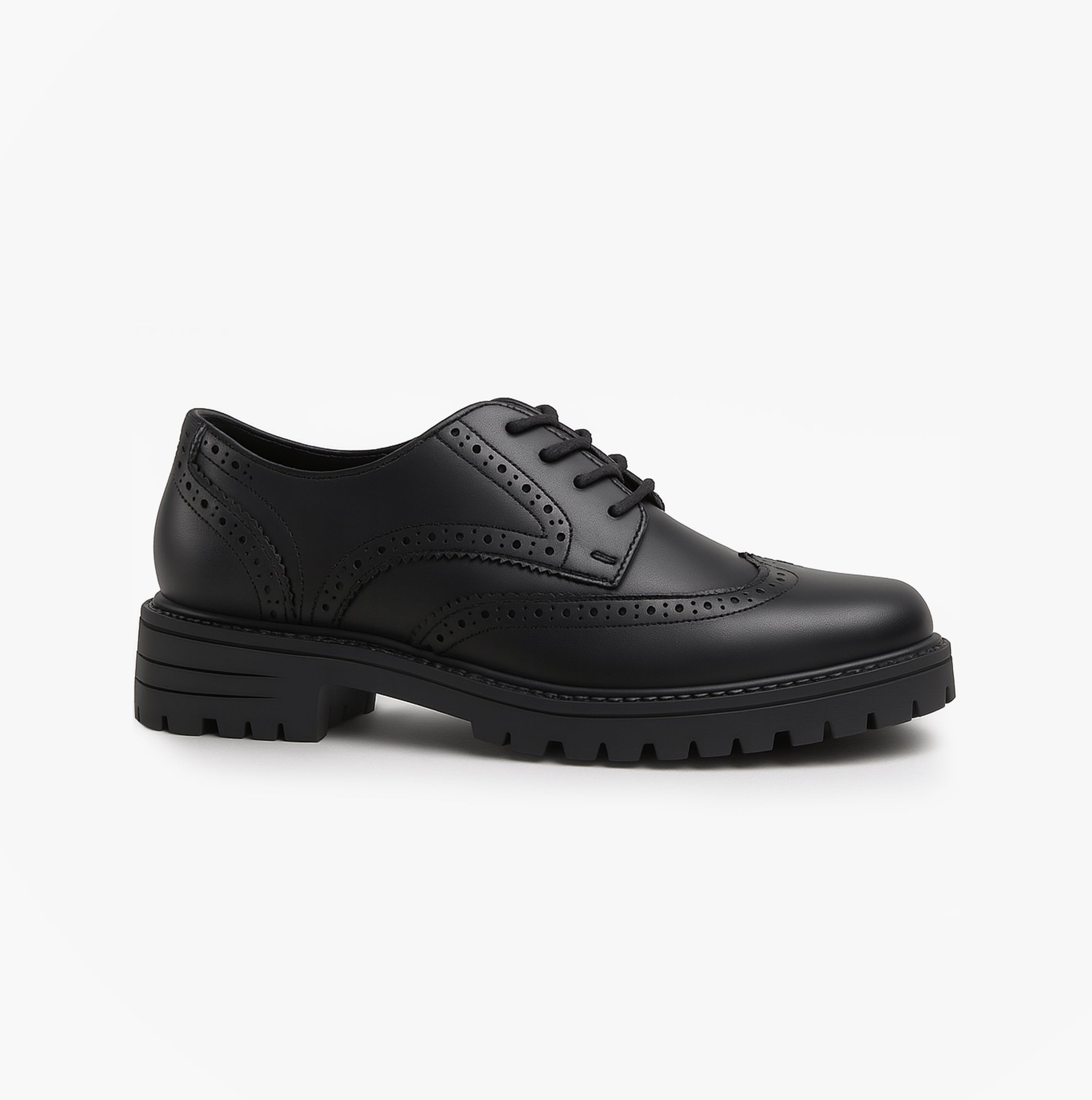 Hush Puppies MAXINE Girls Leather School Shoes Black side view showcasing stylish lace-up design and durable sole.