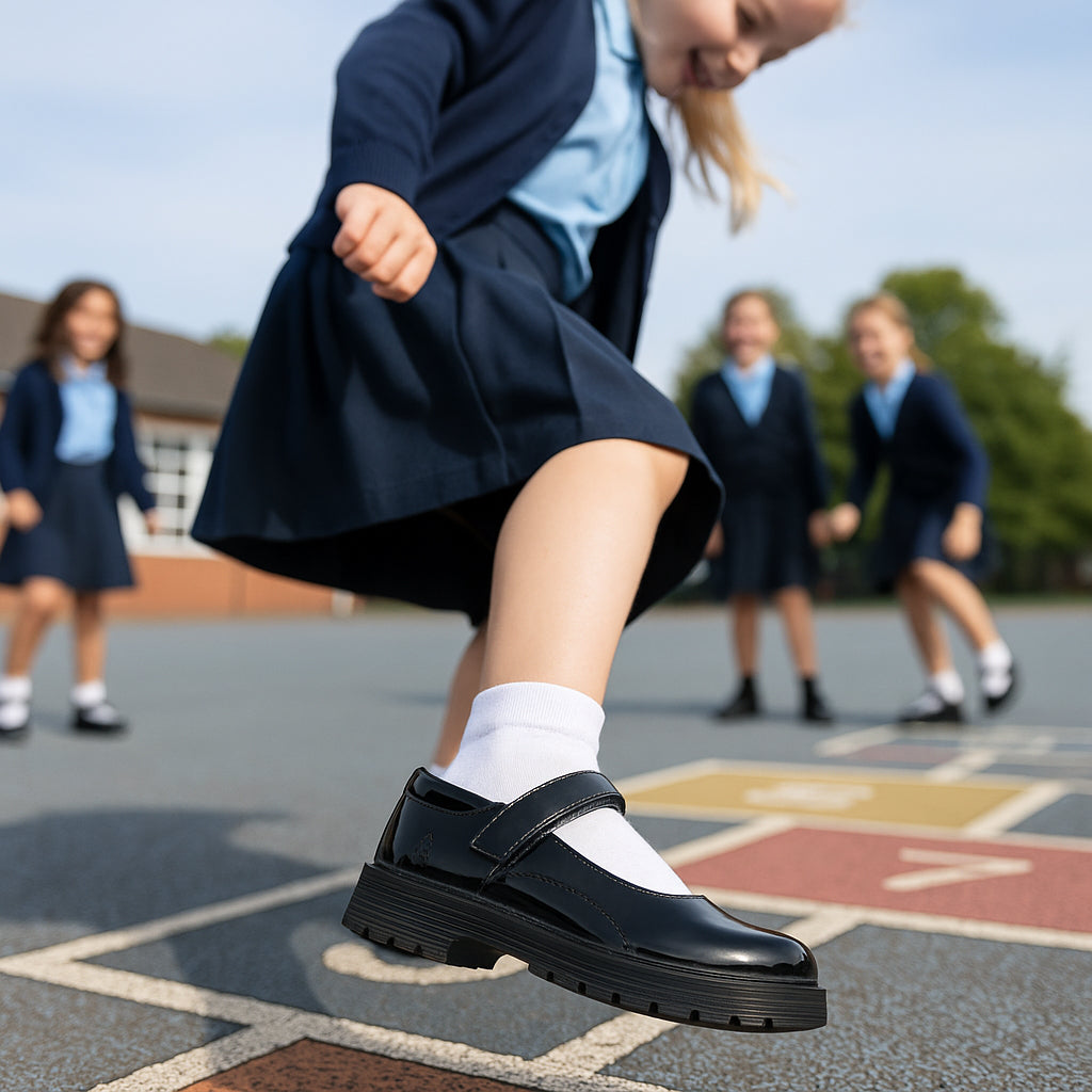 Hush Puppies TALLY Girls School Shoes Black Patent front view worn by girl playing in school playground.