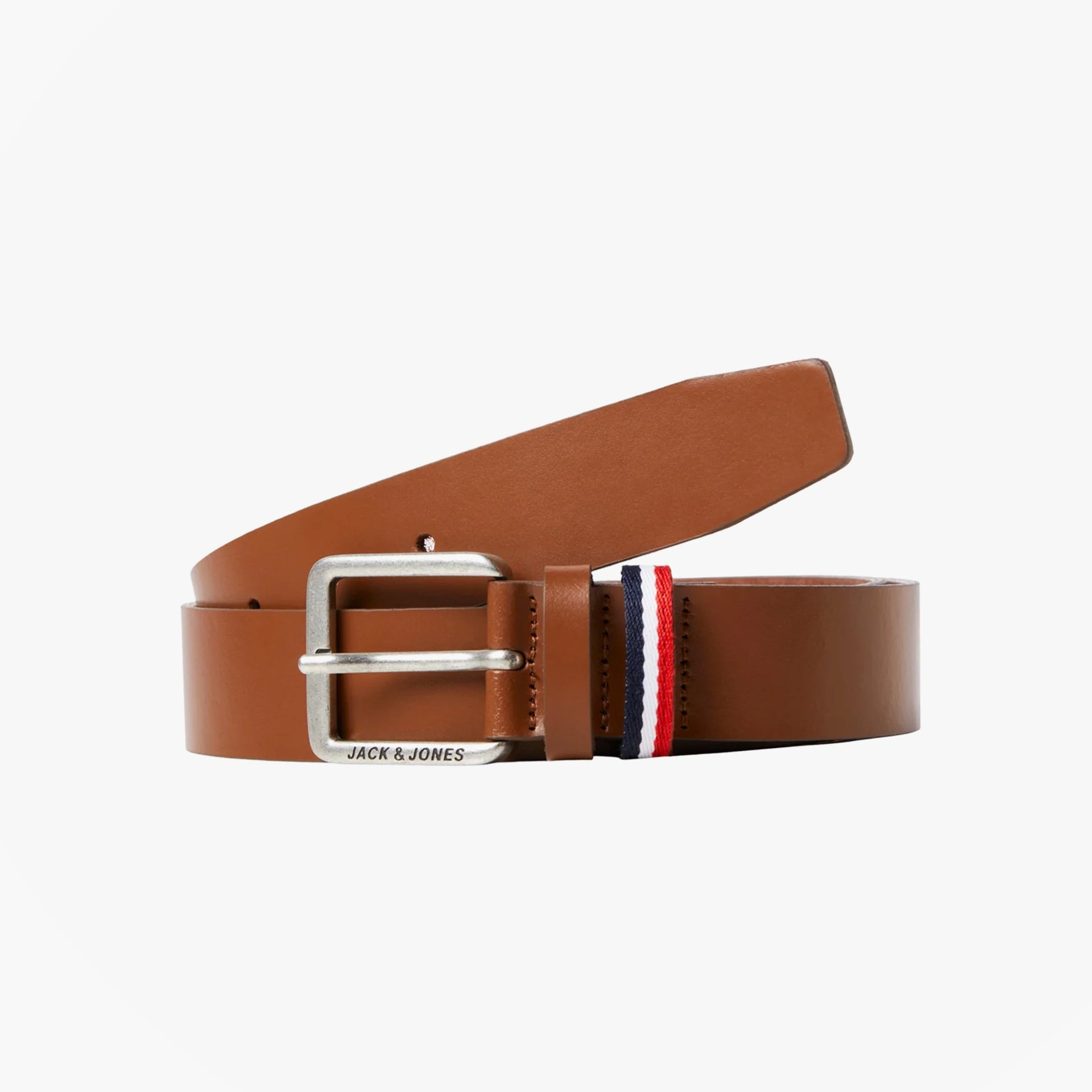 Jack & Jones ESPO Mens Belt Cognac side view showcasing adjustable strap and buckle detail.