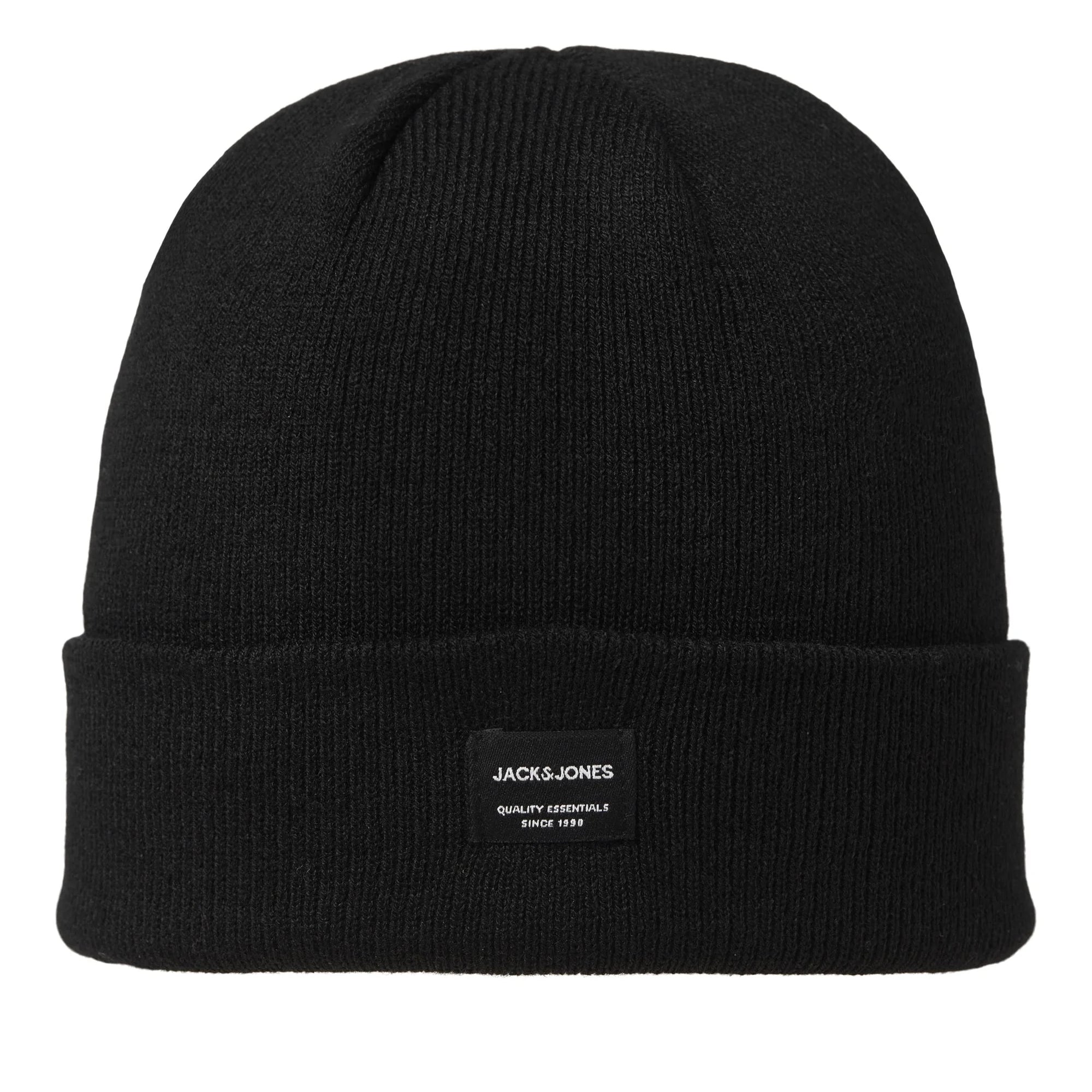 Jack & Jones DNA Mens Beanie Black, front view of black cotton beanie, stylish and comfortable hat.