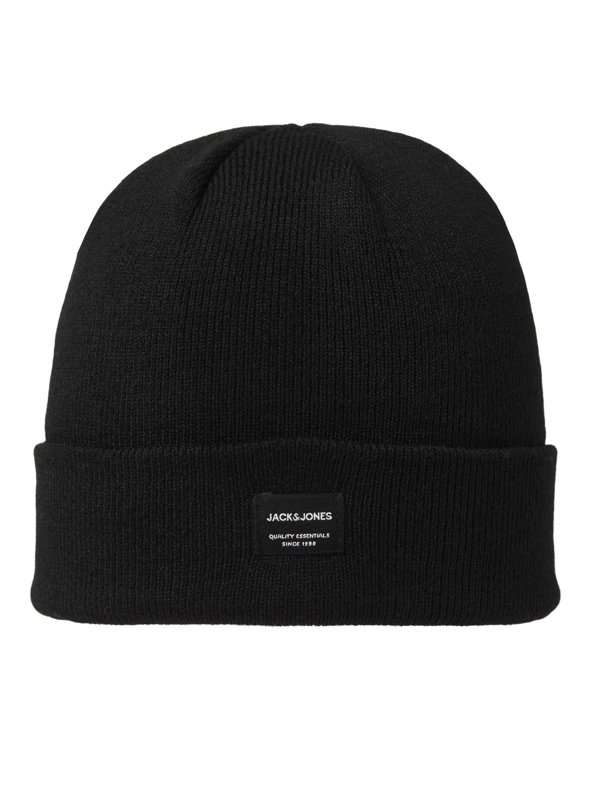 Jack & Jones DNA Mens Beanie Black, front view of black cotton beanie, stylish and comfortable hat.